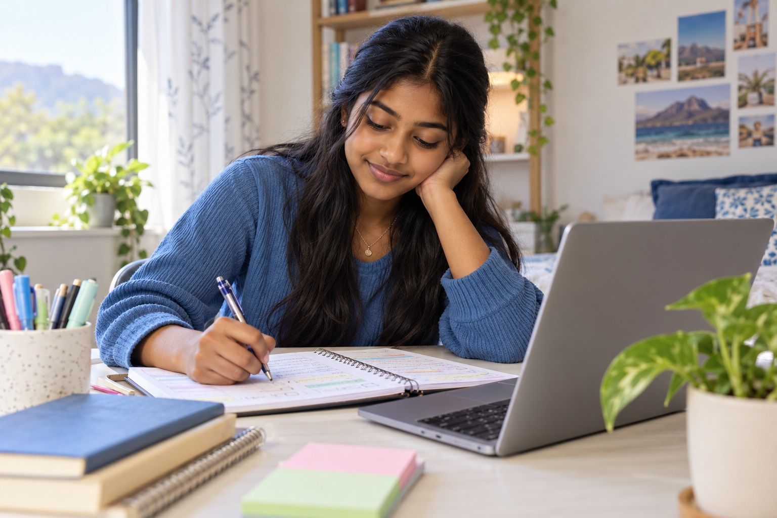 Student writing notes at a desk beside a laptop in a bright study room