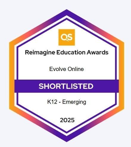Evolve Online shortlisted for QS Reimagine Education Awards 2025, K12-Emerging, purple hexagon badge