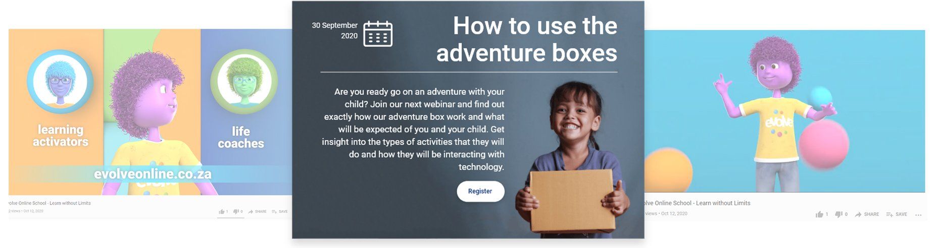 Three images of a boy holding a cardboard box.