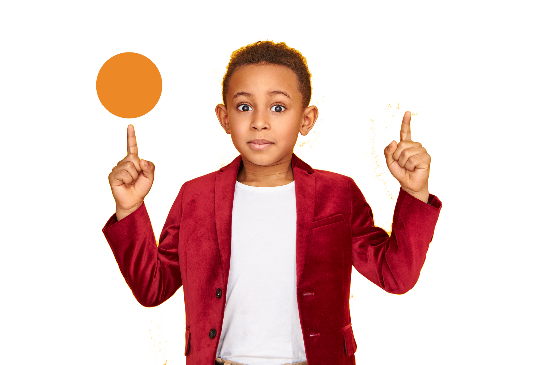 A young boy in a red jacket is pointing up at a circle.