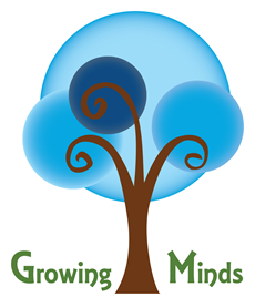Growing Minds logo with a brown tree and blue circles above green text
