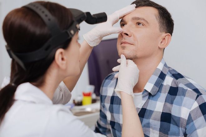 Doctor Checking the Nose of the Patient — Danvers, MA — North Shore Ear Nose & Throat