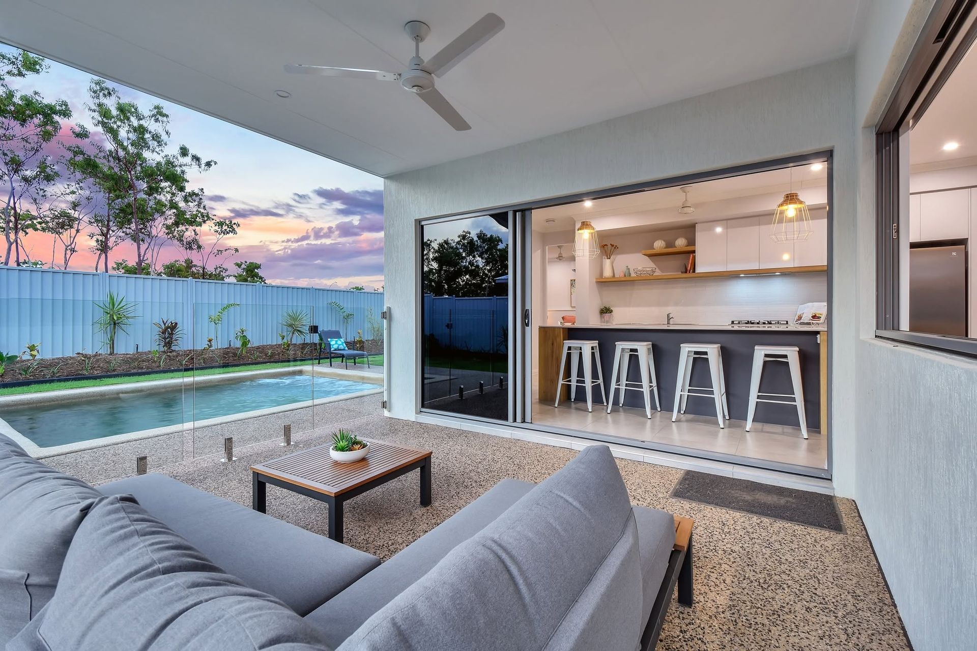 Modern Patio With Sofa, Pool, and Open Kitchen — Tick of Approval Pty Ltd in Berrimah, NT