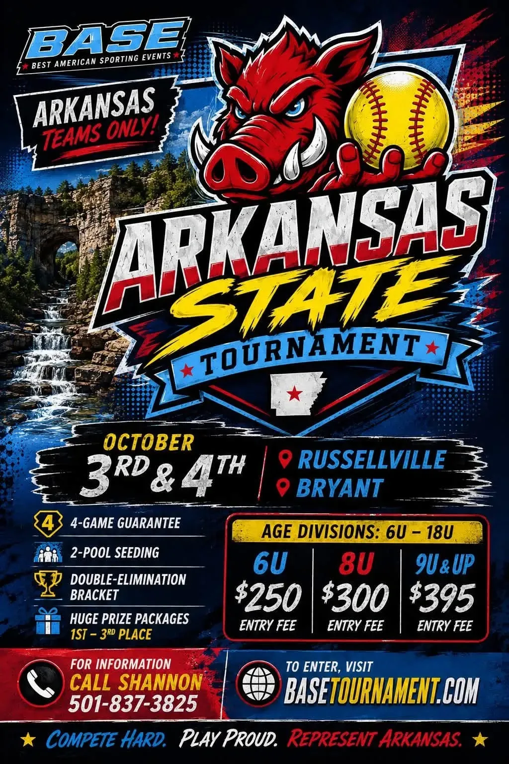 Arkansas State Tournament poster with red razorback, softball, dates, divisions, fees, and contact info