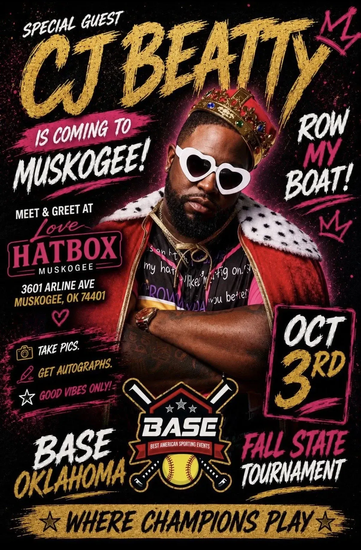 CJ Beatty promo poster for Oct. 3rd at Base Oklahoma, with Hatbox and fall state tournament text.