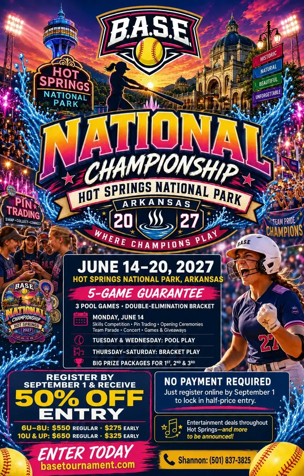 Baseball national championship poster at Hot Springs National Park, June 14-20, 2027, with neon city skyline and logos