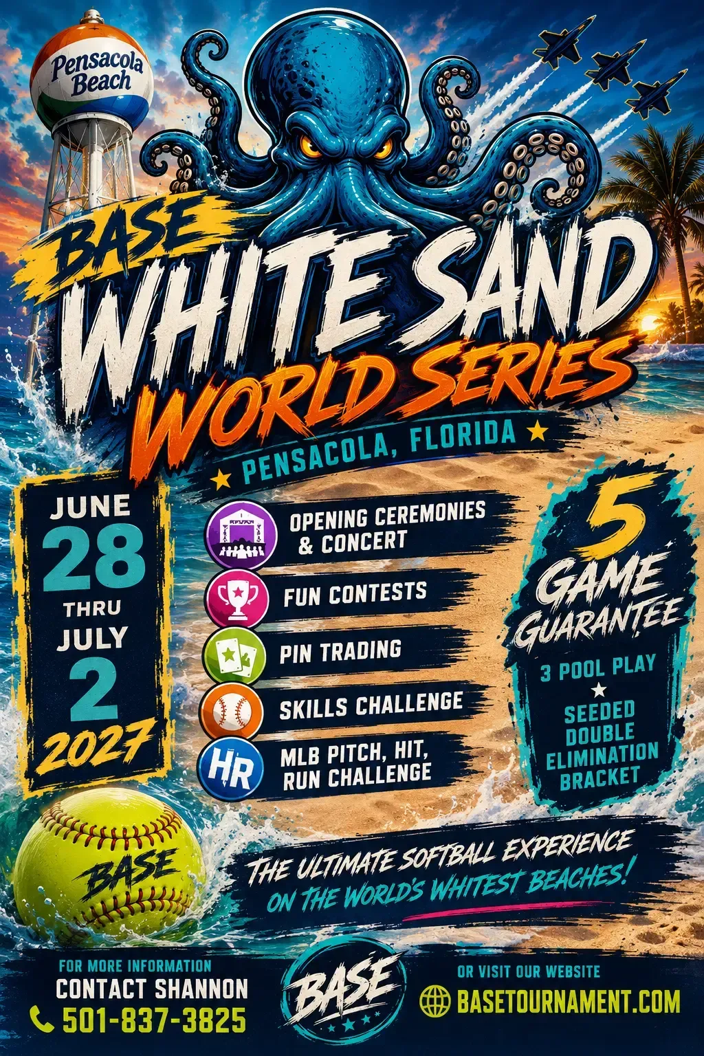 White Sand World Series baseball poster with octopus, June 28-July 2, 2027 in Florida, 5-game tournament.
