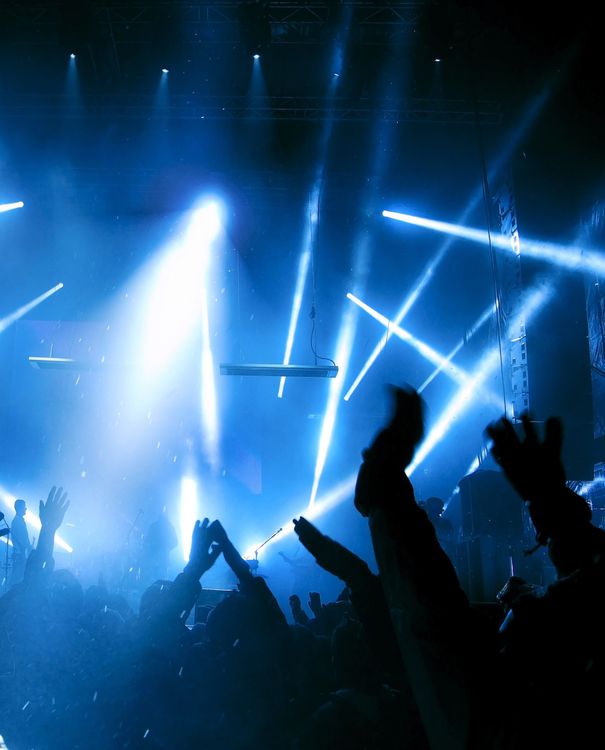 A crowd of people at a concert with their hands in the air