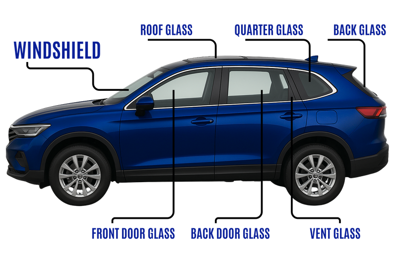 Blue SUV labeled with windshield, roof glass, quarter glass, back glass, front door glass, back door glass, and vent glass.
