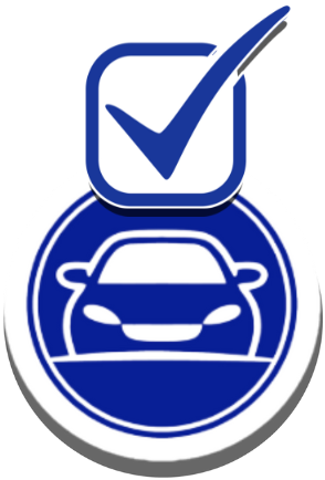 Blue circular car icon with a white checkmark above it