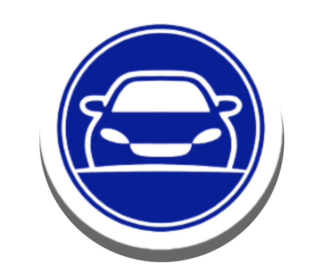Blue circular icon showing a white front-facing car silhouette on a sign