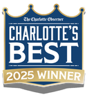Charlotte’s Best 2025 Winner badge in blue, gold, and white with The Charlotte Observer branding