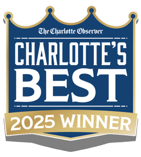 Charlotte’s Best 2025 Winner badge in blue, gold, and white with The Charlotte Observer branding