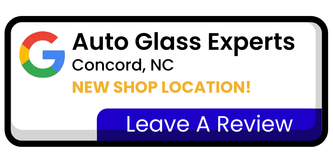 Auto Glass Experts ad with Google-style logo, “New Shop Location!” and “Leave a Review” button