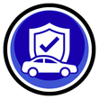 Blue shield with check mark above a white car icon inside a black-outlined circle.