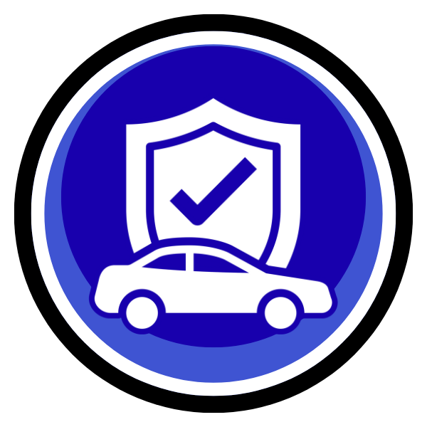 Blue shield with check mark above a white car icon inside a black-outlined circle.