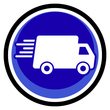 White delivery truck icon on blue circular sign with motion lines and black border