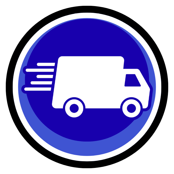 White delivery truck icon on blue circular sign with motion lines and black border
