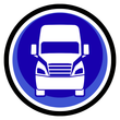 Blue circular sign with a white front-view truck icon and black border