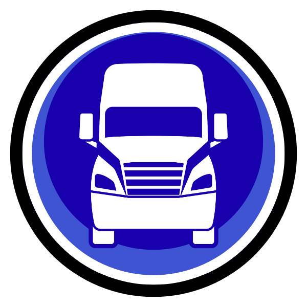 Blue circular sign with a white front-view truck icon and black border