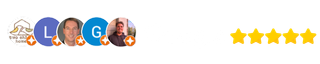Five overlapping circular profile icons beside five gold stars on a white background