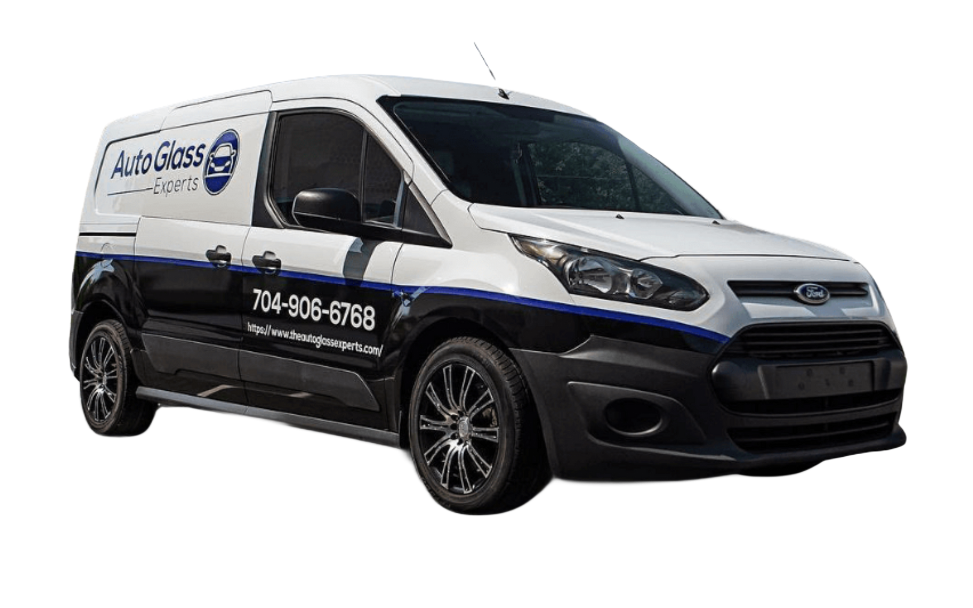 White and black service van with company logo and phone number on the side, isolated on white background