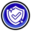 Blue shield with checkmark and sparkles inside a circular badge icon