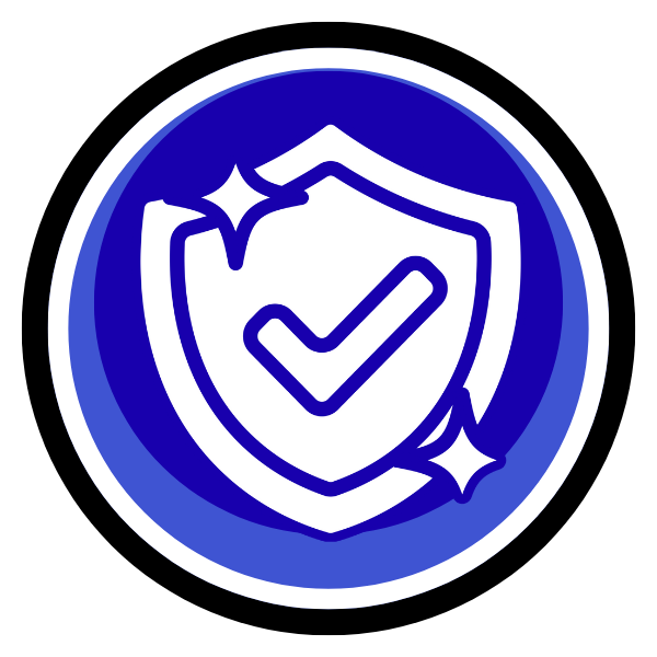 Blue shield with checkmark and sparkles inside a circular badge icon