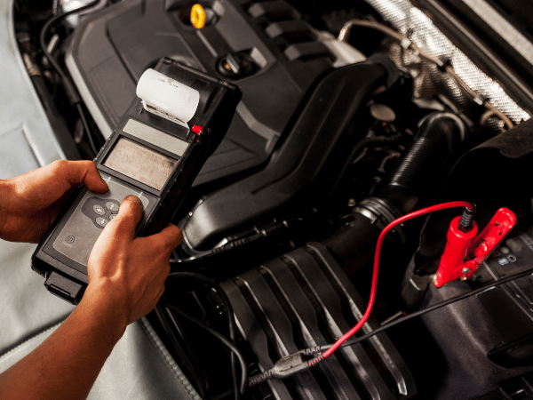 Hands using a digital multimeter to test a car battery with red and black clamps in an engine bay