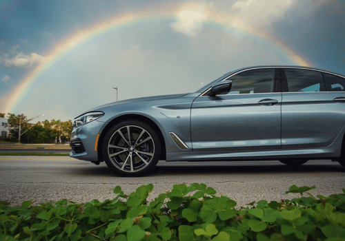 Silver BMW sedan parked on a road with a rainbow overhead and shamrock leaves in the foreground.