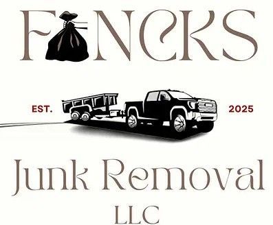 Fencks Junk Removal LLC logo with black truck and dumpster; EST. 2025 text