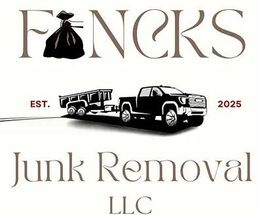 Fencks Junk Removal LLC logo with black truck and dumpster; EST. 2025 text