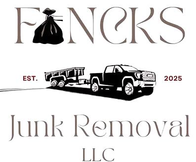 FONCKS Junk Removal LLC logo with black dump truck and trailer, EST. 2025