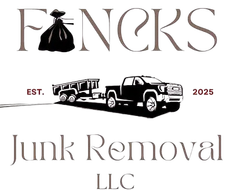 FONCKS Junk Removal LLC logo with black dump truck and trailer, EST. 2025