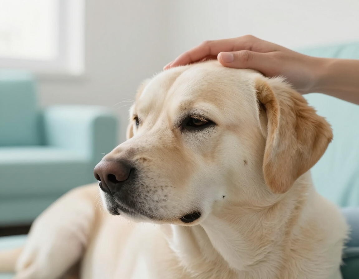 Una mano acariciando con cuidado a un perro tranquilo