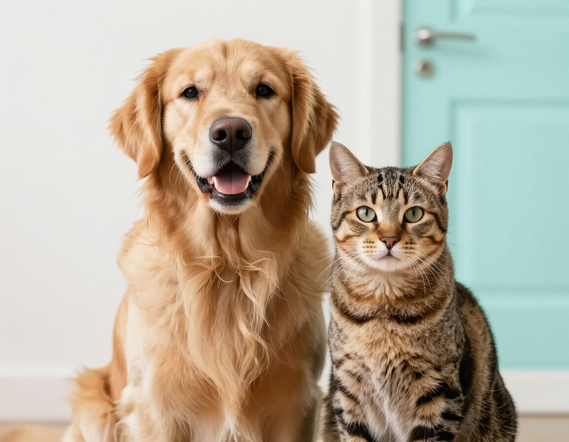 Un perro y un gato sentados juntos, tranquilos y bien cuidados