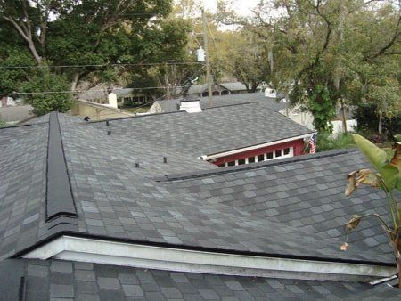Gray shingled roof with a black trim, viewed from above, with several other rooftops and trees in the background.