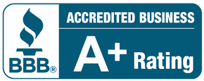 BBB Accredited Business logo, A+ Rating, blue and white.