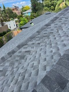Dark gray asphalt shingle roof, angled view. Houses and trees are in the background, blue sky.