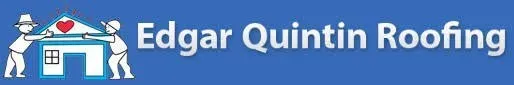 Edgar Quintin Roofing logo. Two stick figures carry a house with a heart on the roof, all on a blue background.