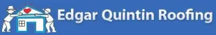 Edgar Quintin Roofing logo. Two stick figures carry a house with a heart on the roof, all on a blue background.