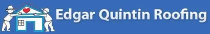 Edgar Quintin Roofing logo. Two stick figures carry a house with a heart on the roof, all on a blue background.