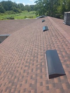 Brown shingle roof with black vents, trees in the background, daytime.