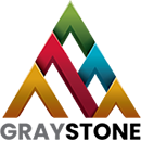 Graystone logo: Colorful overlapping mountain shapes in gold, red, green, and blue, with
