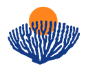 Blue coral silhouette with an orange sun.