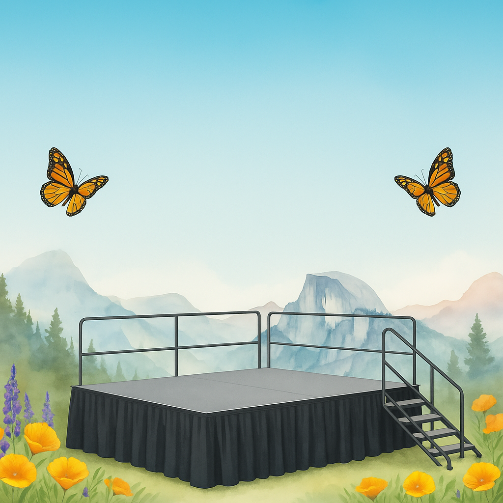 a photo of a concert stage with butterflies flying around it