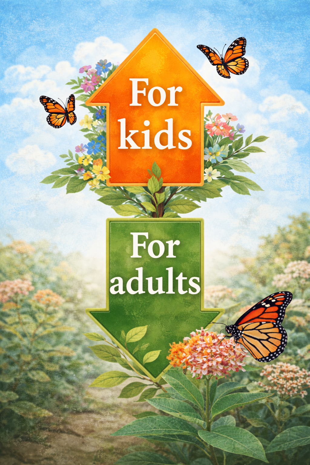 an image of butterflies with a sign that says for kids