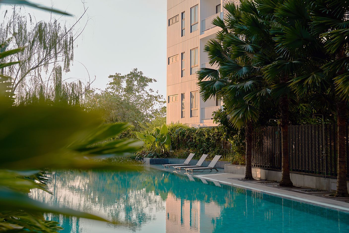 Pool beside a modern building with palm trees and lounge chairs reflecting in calm water