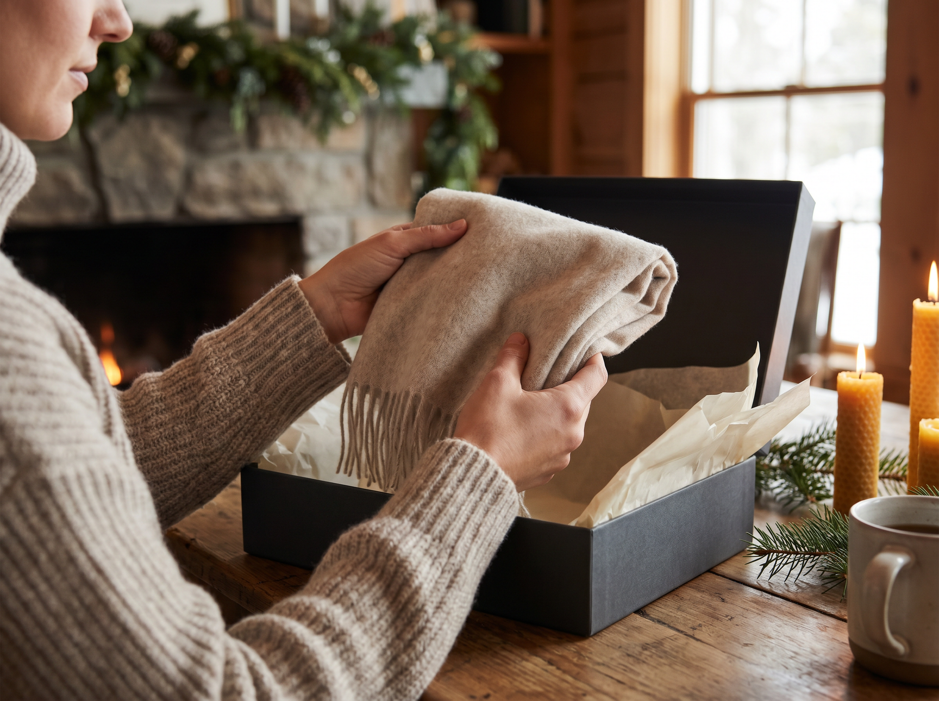 An image sample of a campaign photo of a model opening up her gift.