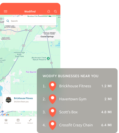 Mobile map app showing nearby businesses list, with gray panel over map and orange header.